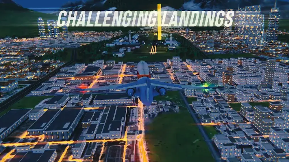 Noční přiblížení k městu ve hře Airplane Flight Simulator EVO