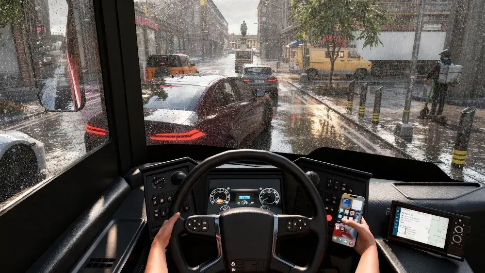 Pohled z místa řidiče za deště v Bus Simulator : EVO